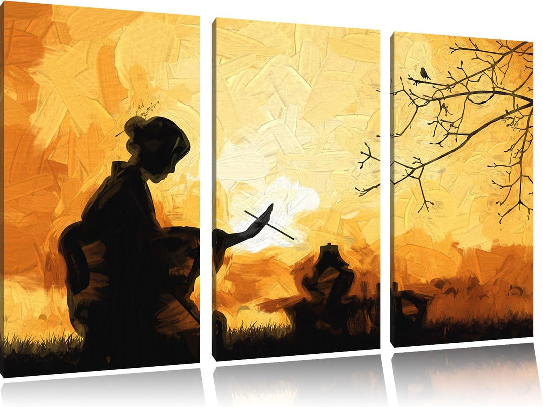 Pixxprint Geisha als Leinwandbild/Grösse: 3 Teilig (120x80 cm) cm/Wandbild/Kunstdruck/fertig bespann