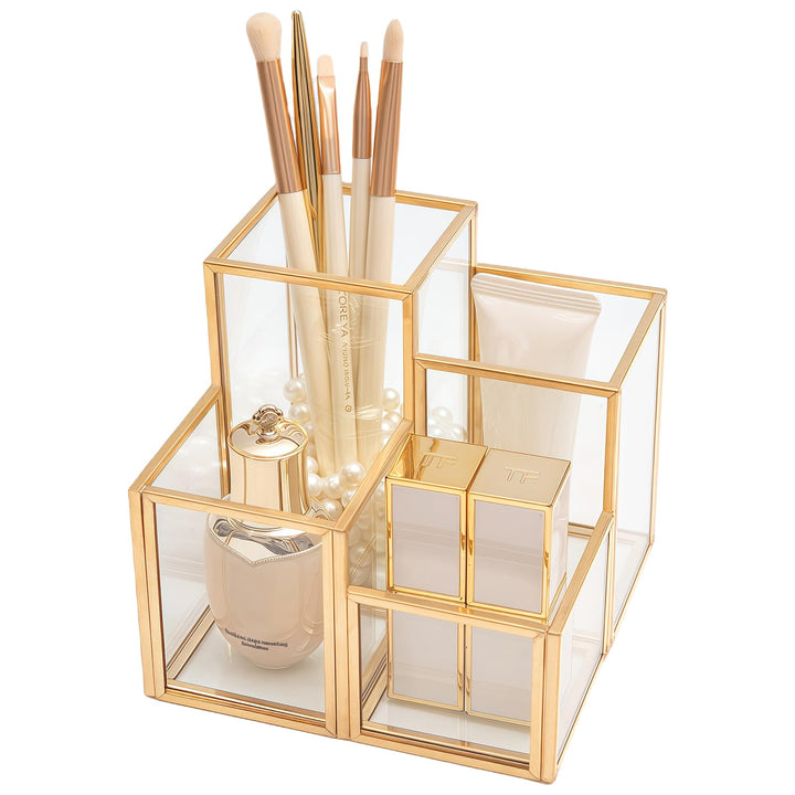 HARLIANGXY Make up Pinsel Organizer Gold, Pinselhalter Kosmetik 4 Fächer - Kosmetik Organizer Glas,