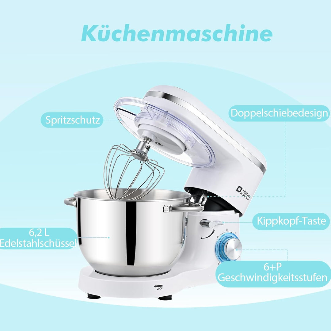 Kitchen in the box Küchenmaschine, 6,2 L Knetmaschine 1400 W, 6 Geschwindigkeits Teigmaschine mit Rü