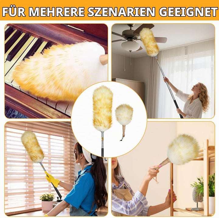 Lammwolle Staubwedel Set Mit Teleskopstange Bis 185cm, Waschbar – 2 Wedel (Gross &amp; Klein) + Haken Fü