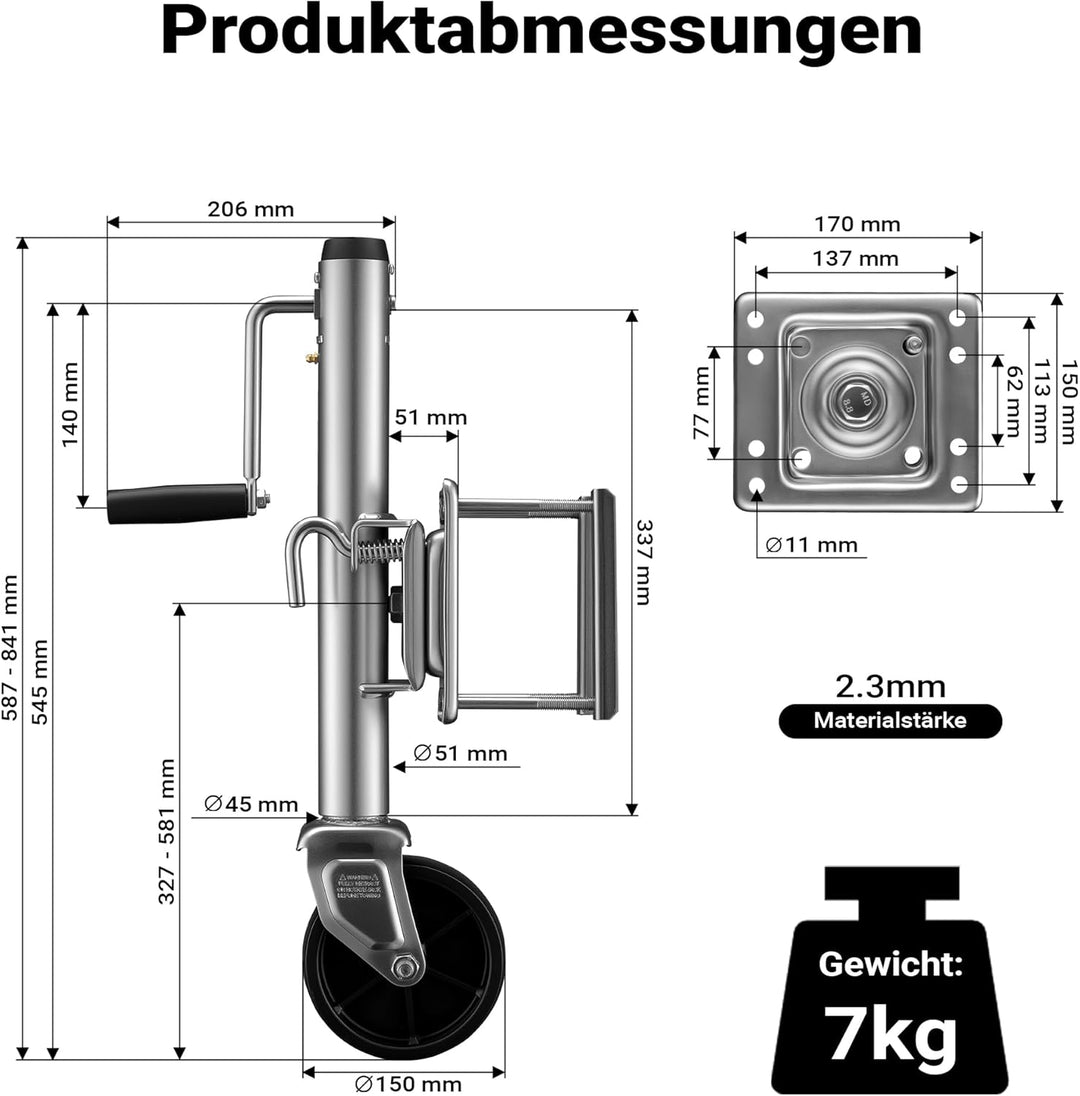 Wiltec Anhänger Stützrad bis 450 kg mit 254 mm Hubhöhe, Anhängerstütze aus verzinktem Stahl, bis 450