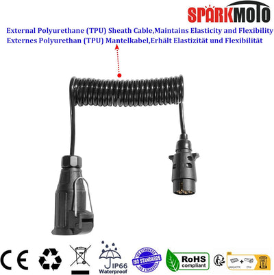 SPARKMOTO 2.8M Anhänger Kabel verlängerung 7 auf 13 polig,spiralkabel anhänger 7 polig,12V Adapter S