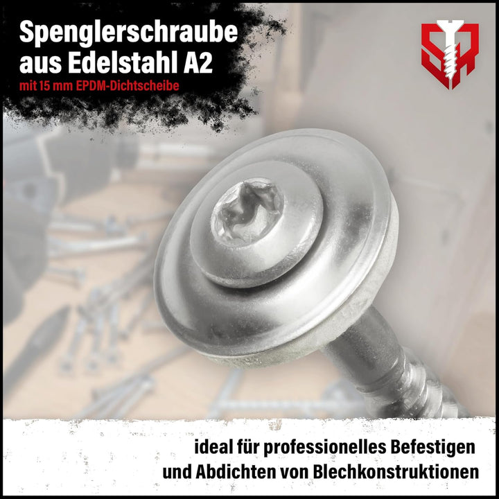 200 Stück SCREW REBEL Spenglerschrauben 4,5 x 50 mm - Edelstahl A2, Inox mit EPDM-Dichtscheibe Ø15mm