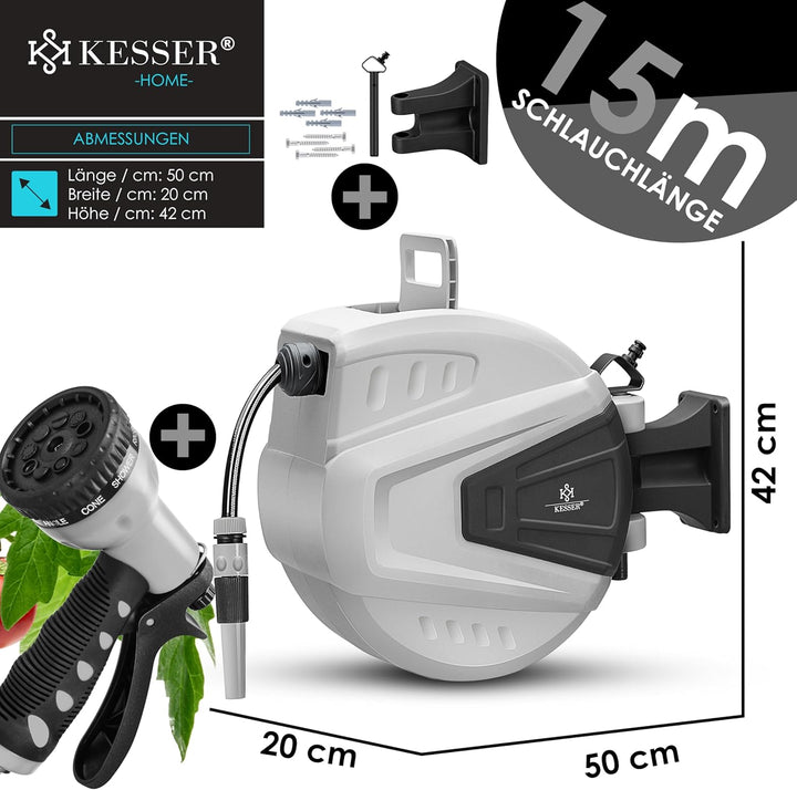 KESSER® Schlauchtrommel Wasser 15+2m Schlauchaufroller Inkl. 2-Wege-Verteiler + Multi-Handbrause Was