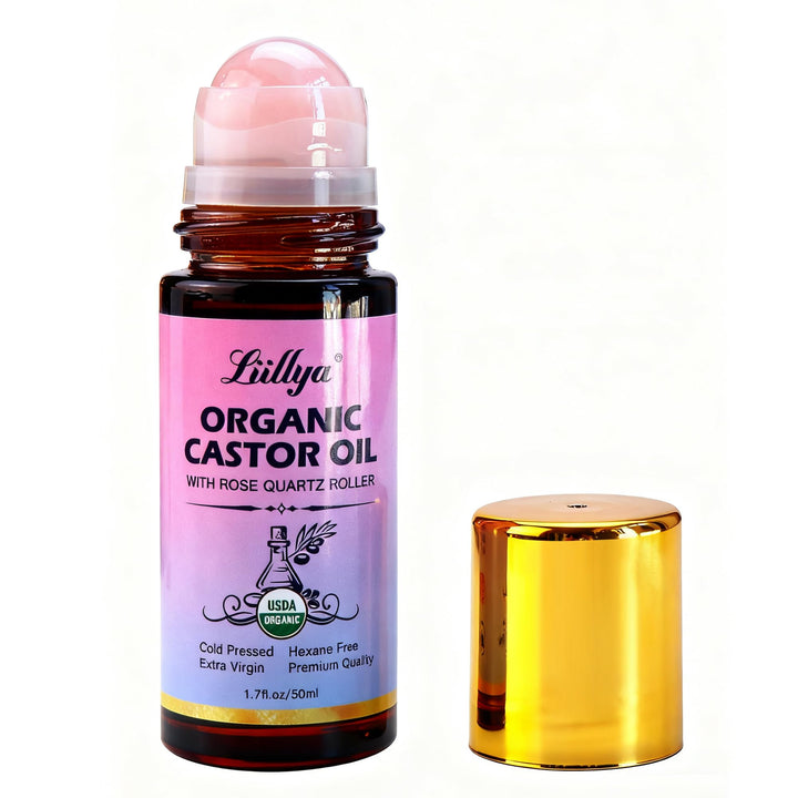rizinusöl kaltgepresst bio Roll On mit Rosenquarz – Castor Oil Organic 100% Rein, Hexanfrei, Natürli