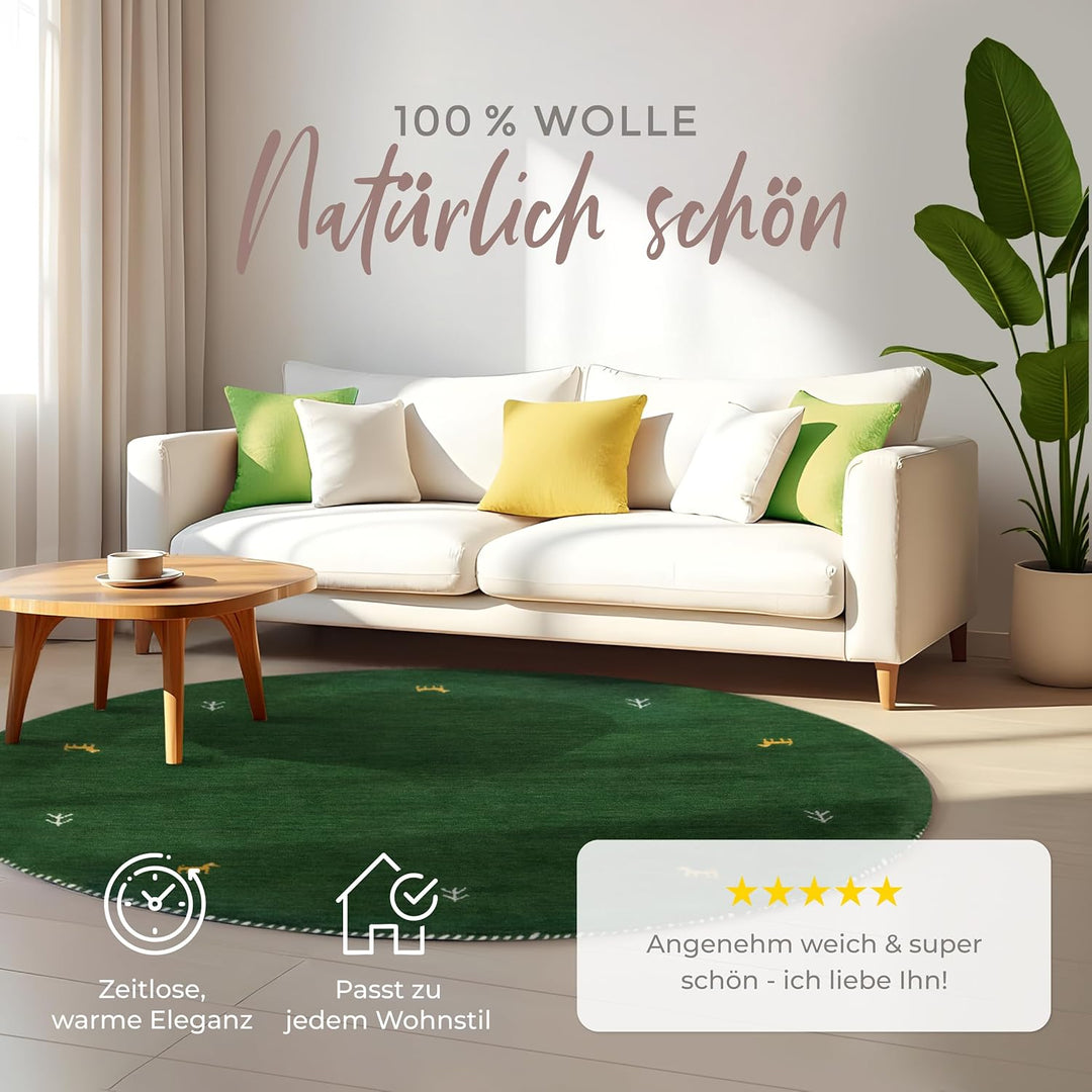 carpetfine Wollteppich Gabbeh Uni Rund Grün Ø 80 | Moderner Teppich für Wohn- und Schlafzimmer Ø 80