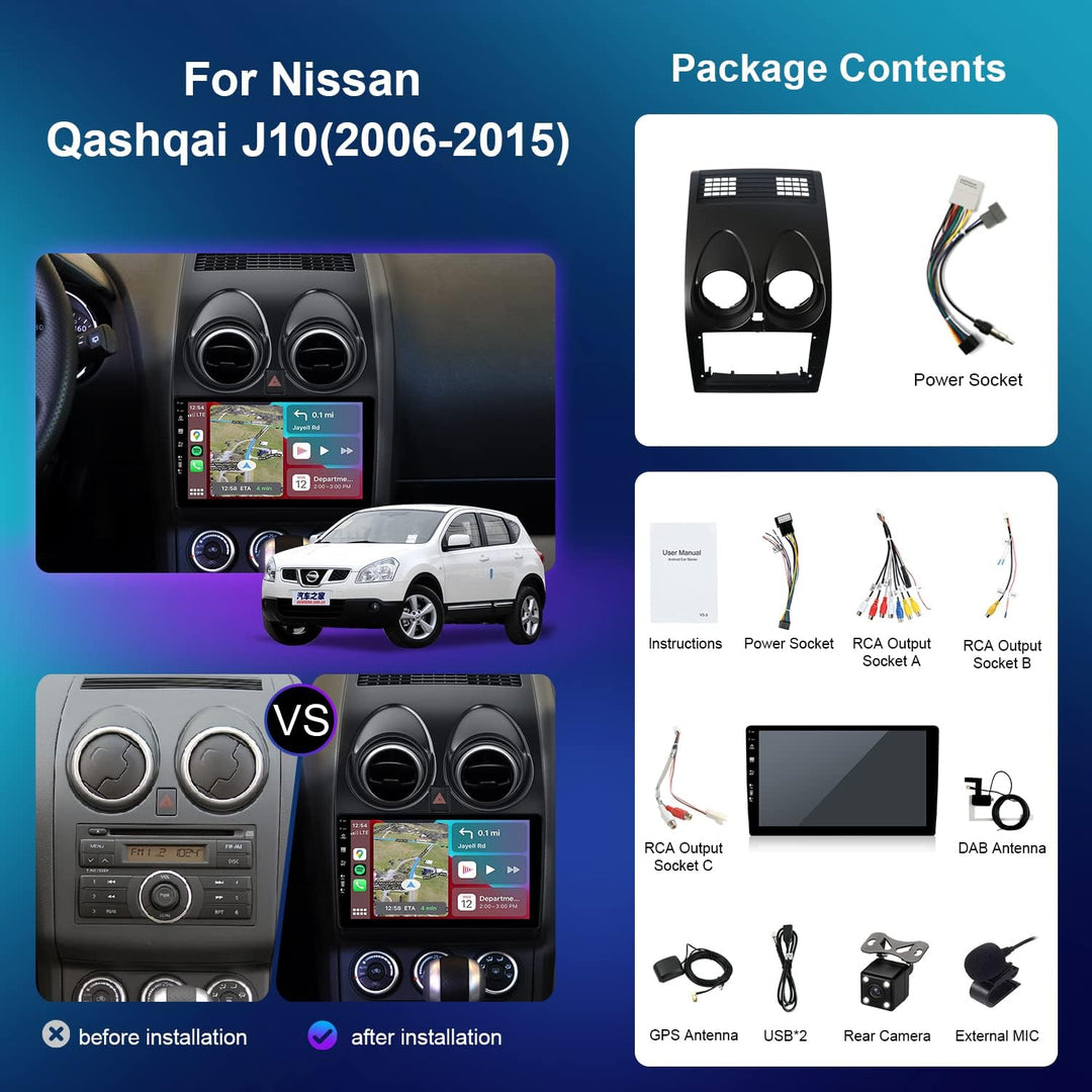 [Eingebaut DAB] - Android 12 IPS Autoradio Passt für Nissan Qashqai J10 (2006-2015) - Kabellos Carpl