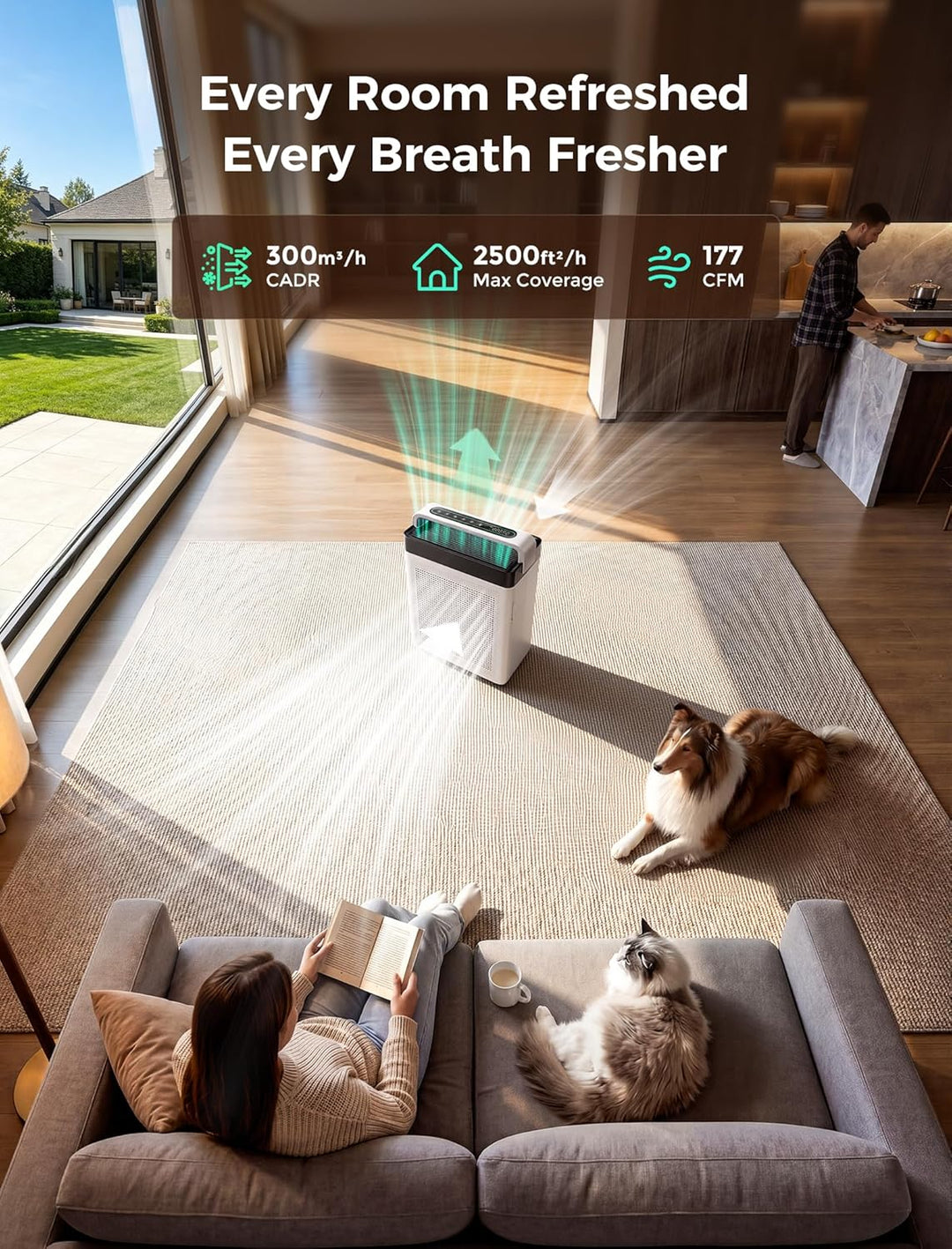 Luftreiniger mit Aktivkohlefilter, Doppel-Ansaugung, CADR 300 m³/h | bis 232 m², Air Purifier H13 HE
