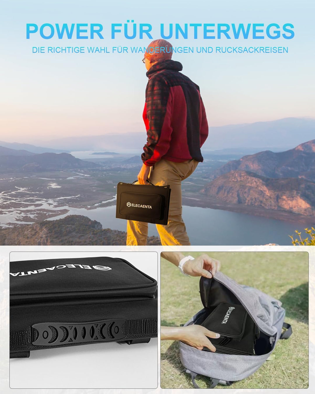 ELECAENTA 60W Faltbar Solar Ladegerät Tragbarer ETFE Monokristallinem Solarpanel USB-C PD45W USB QC3