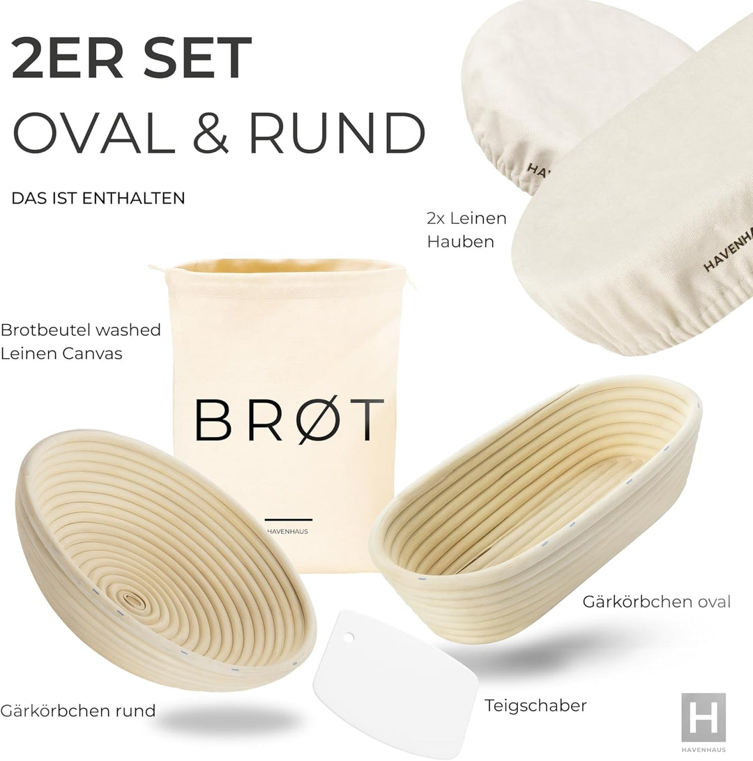 Gärkörbchen 2er Set oval & rund | Rattan Gärungskorb oval & rund für 1kg Teig mit praktischem Zubehö