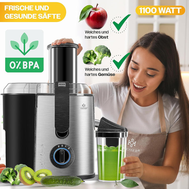 KESSER® Entsafter für Obst und Gemüse aus Edelstahl 1100W grosse 85 mm Einfüllöffnung inkl. Reinigun