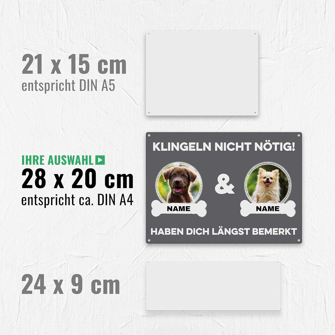 Hunde Schild personalisiert - Klingeln nicht nötig - Metallschild mit Foto und Name für aussen, wett
