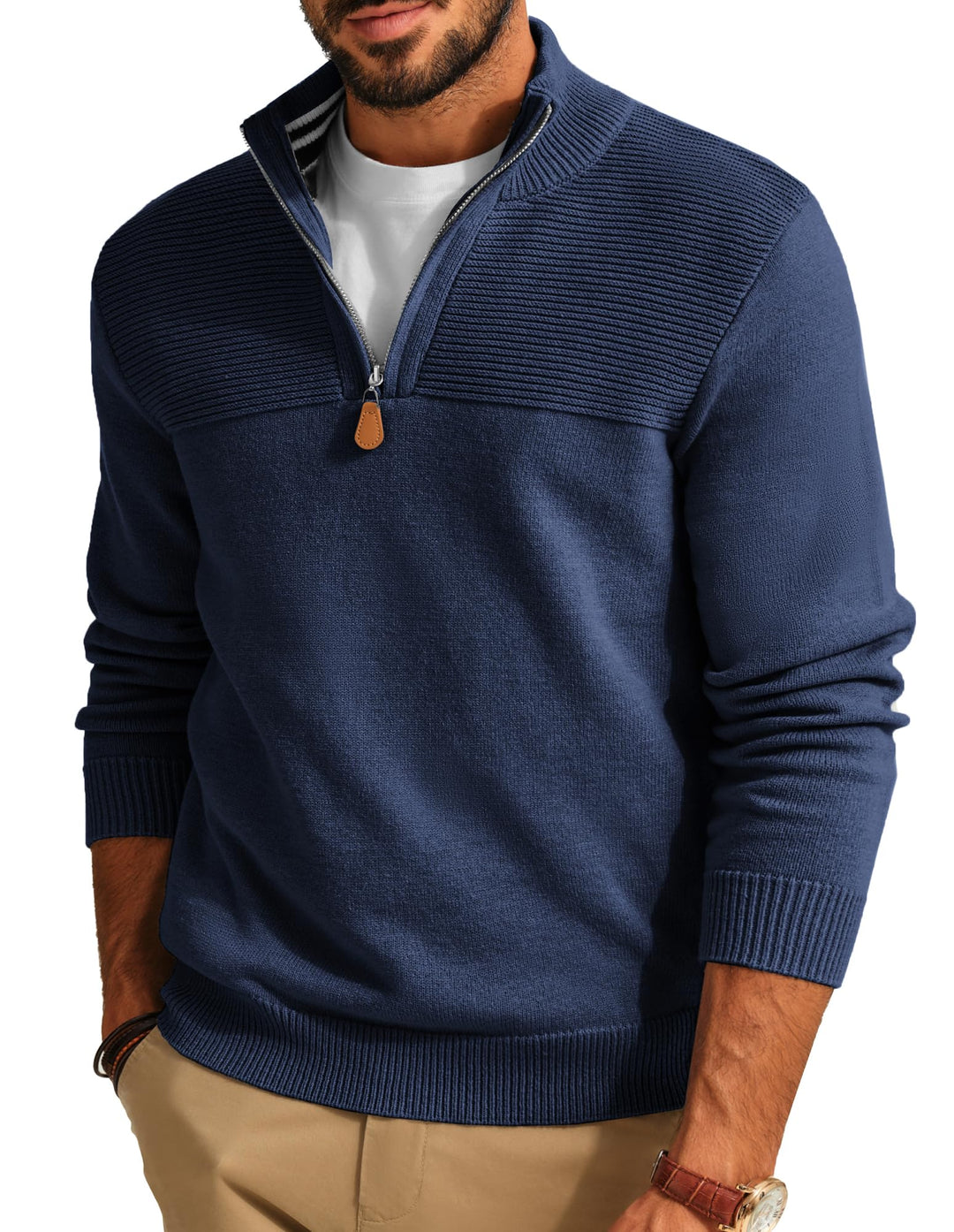 PaulJones Herren Half Zip Pullover Turtleneck mit V-Ausschnitt Langarm und Stehkragen S Dunkelblau,