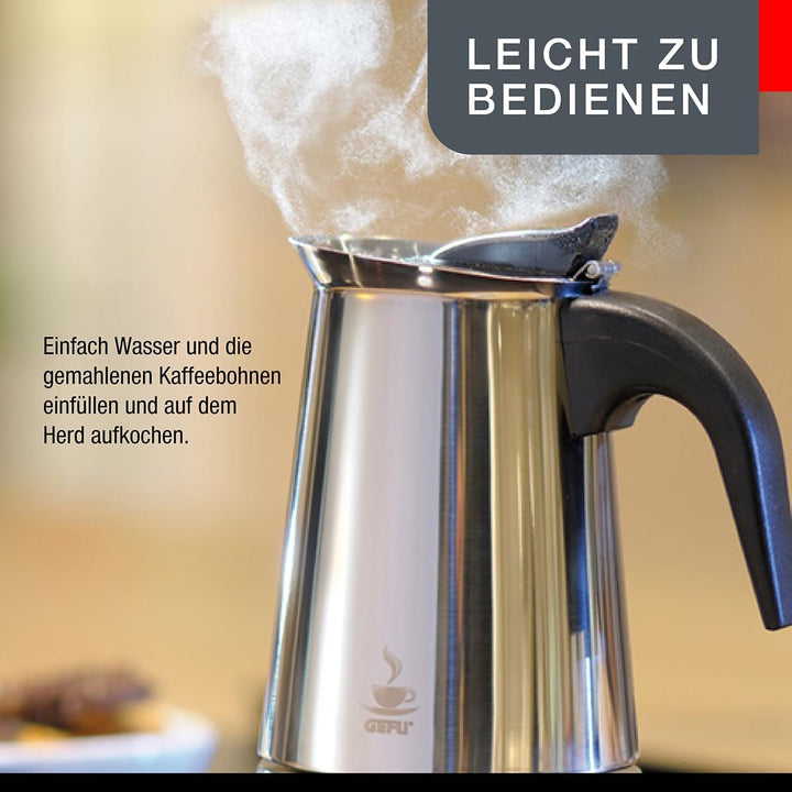 GEFU Espressokocher EMILIO für 4 Tassen | Edelstahl Mokkakanne mit Ausgiessnase | Für Gas, Elektro,