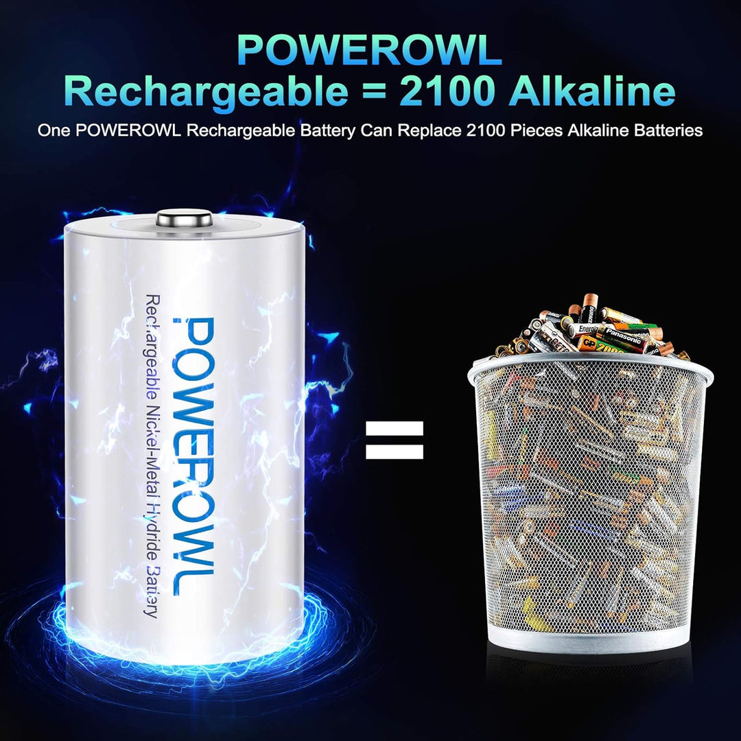 POWEROWL D Akku Mono 1.2V 10000mAh Wiederaufladbar D Batterien mit Geringer Selbstentladung & Vorgel