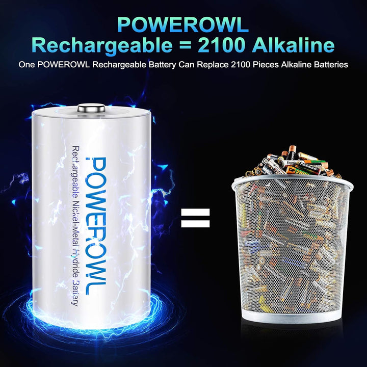 POWEROWL D Akku Mono 1.2V 10000mAh Wiederaufladbar D Batterien mit Geringer Selbstentladung & Vorgel