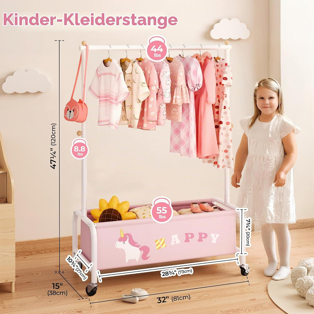 GRANNY SAYS Kleiderständer Kinder mit Aufbewahrungskiste, Kinder Kleiderstange auf Rollen, rosa Kind