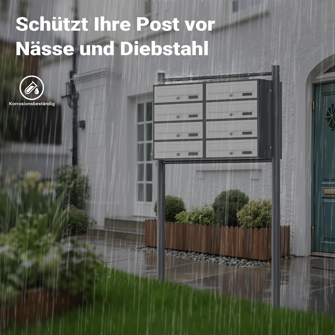 8er-Briefkastenanlage mit Standfuss, pulverbeschichtet in Anthrazit/Weiss, 2 Schlüssel je Postfach