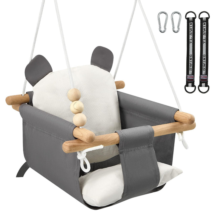 Babyschaukel aus Holz Kinder Schaukel Indoor mit Sicherheitsgurt Sicherheitsschnalle und Kissen, Kin