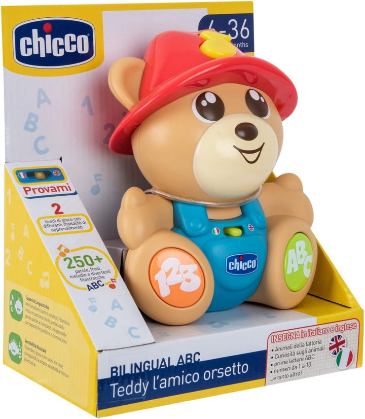 Chicco Bear Teddy der Freund Bär, interaktives Spielzeug, zweisprachiges Spiel, 2 Spielstufen, lehrt