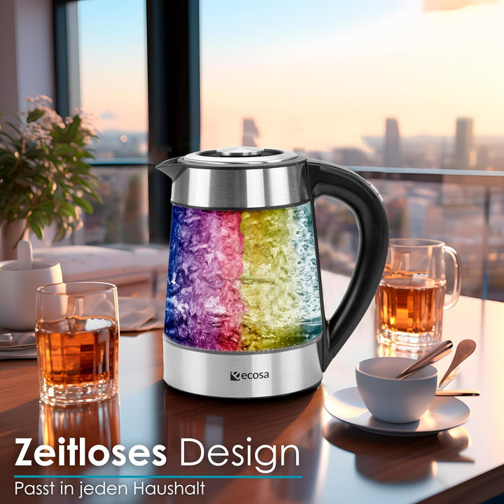 Glas Wasserkocher 1,7 Liter | 2200 Watt | Edelstahl mit Temperaturwahl | Teekocher | 100% BPA FREI |