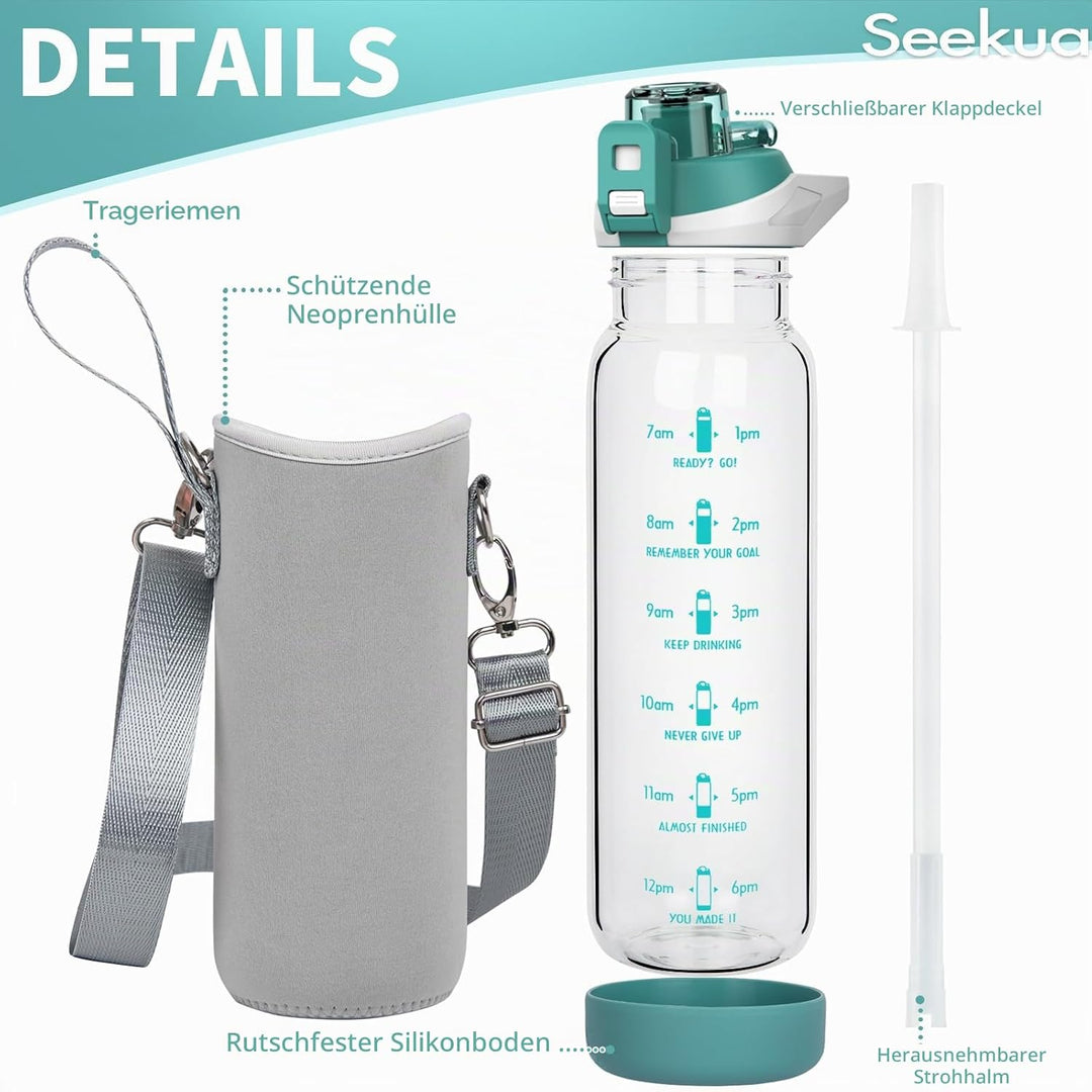 Seekua 0.8l Sport Trinkflasche Glas Flasche mit Strohhalm &amp; Zeitmarkierung 800ml auslaufsicher bpa f