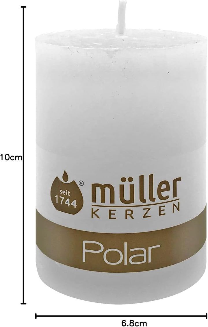 Müller Kerzen POLAR Stumpenkerzen mit Raureif-Effekt - Set mit 4 Rustikale Kerzen - Weiss - 68 x 100
