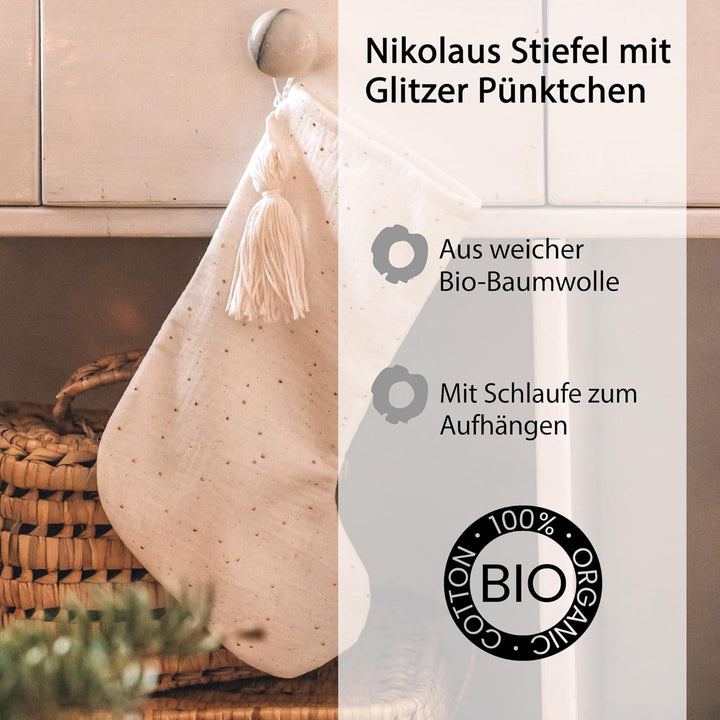 kikadu Nikolausstiefel Sparkling - Aus 100% GOTS zertifierter Bio-Baumwolle, mit Glitzerpünktchen, z