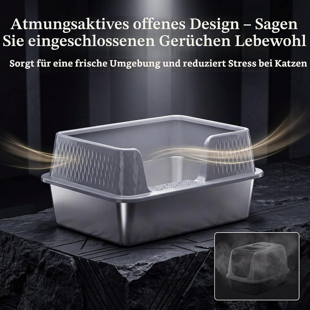 Suhaco Edelstahl Katzenklo mit Deckel Matte und Schaufel für katzentoilette Hohe Seiten XL Leicht Zu