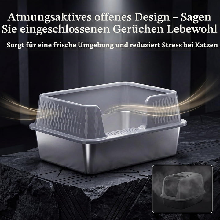 Suhaco Edelstahl Katzenklo mit Deckel Matte und Schaufel für katzentoilette Hohe Seiten XL Leicht Zu