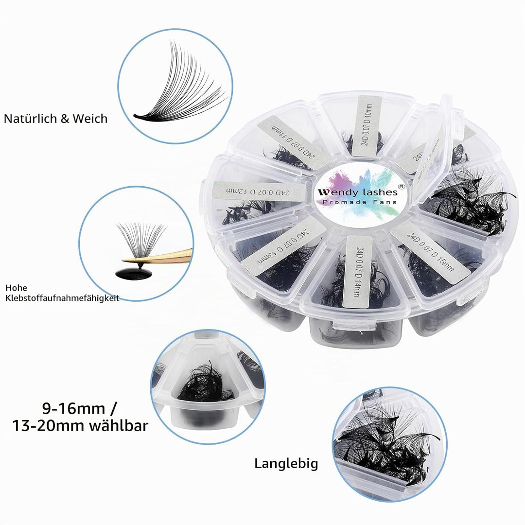 Fertige Fächer Wimpern Extension 24D 500 Stück 9-16mm 0,07mm D Curl Fertig Volumen Wimpern Fächer Pr