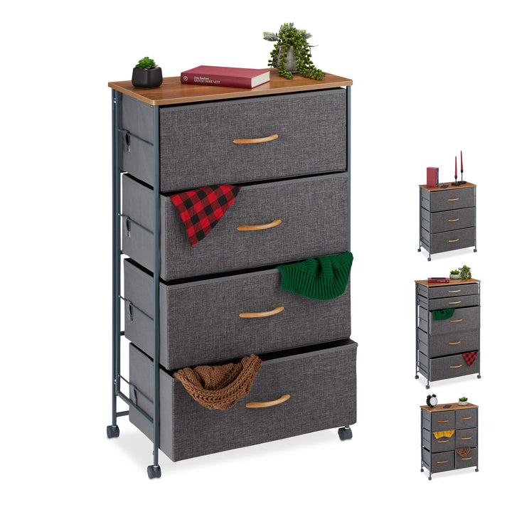 Relaxdays Schubladenschrank mit Rollen, 4 Stoff Schubladen, Deko Stoffschrank, Holzoptik, HBT 93 x 5