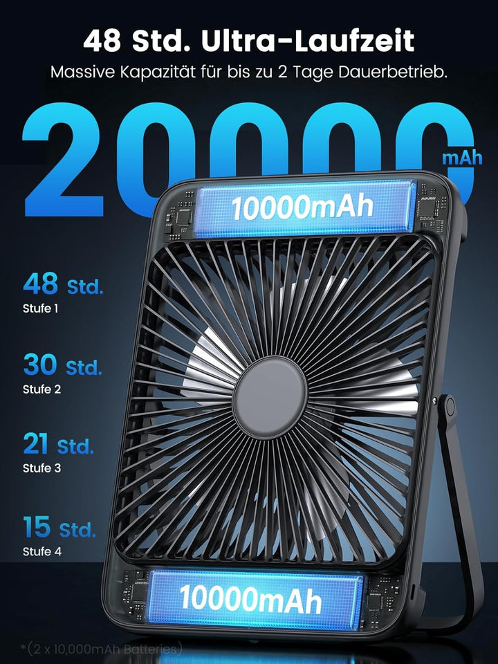 Warmco 20000mAh Tragbarer Camping Ventilator 27cm mit LED-Licht, Ultra-Leise, Dünn, Digitalanzeige,