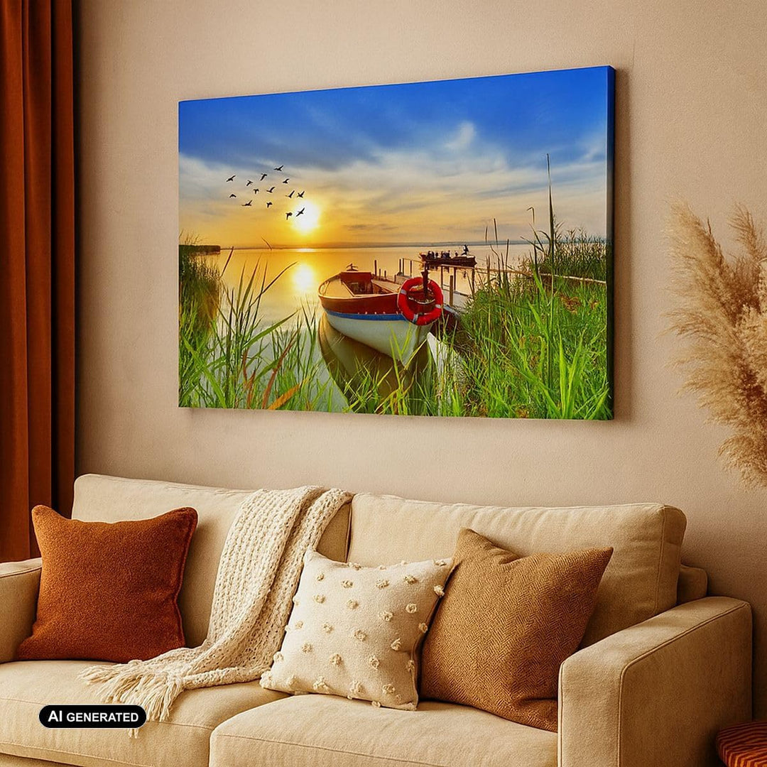 Bilder auf Leinwand Boot See Sonnenuntergang Sommer Menschen Leinwandbild 70x50cm Wandbilder Dekorat