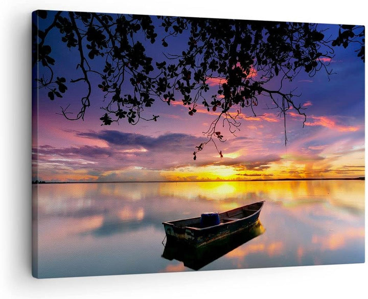 Bilder auf Leinwand Boot Sonnenuntergang See Himmel Leinwandbild 70x50cm Wandbilder Dekoration Wohnz