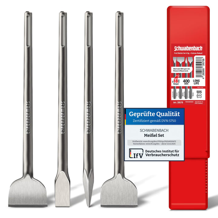 SCHWABENBACH ® SDS Max Meissel Set - 4tlg. 25mm + 50mm + 50mm (Abgewinkelt) + Spitzmeissel - EXTREM