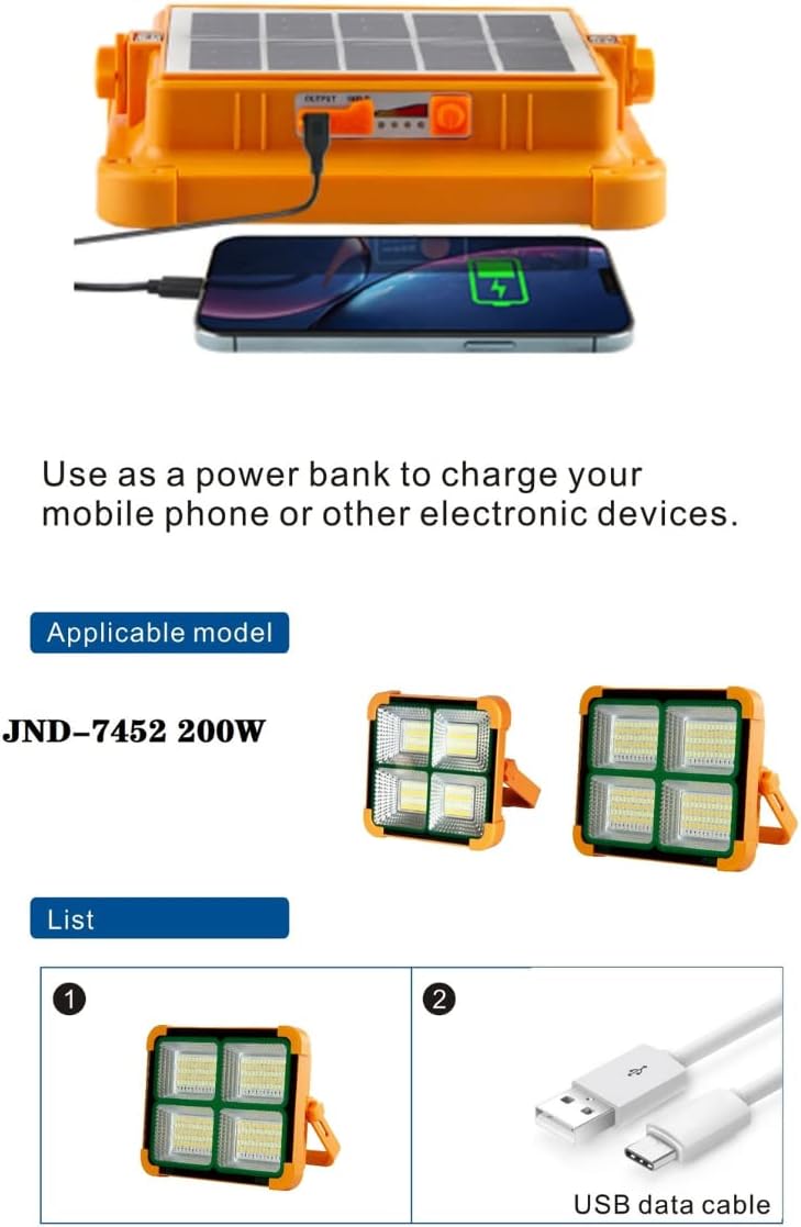 Jandei - 100 W Solar-LED-Strahler, tragbar. 5 Lichtmodi/336 LEDs. Mit Magnet und Halterung. USB/Sola