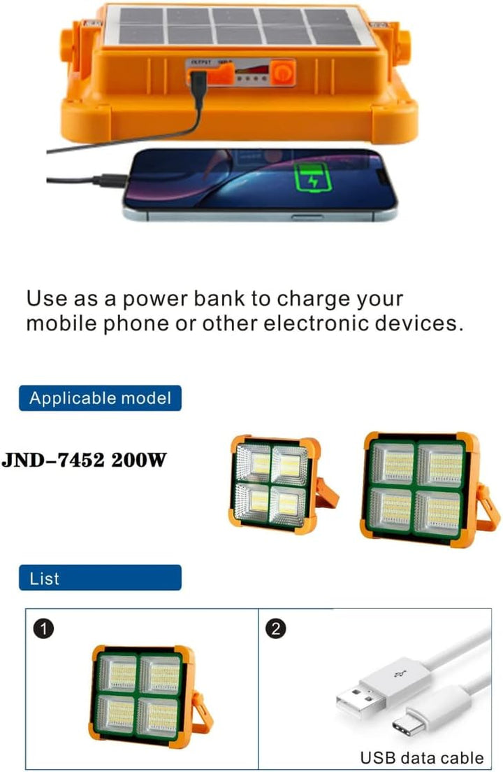 Jandei - 100 W Solar-LED-Strahler, tragbar. 5 Lichtmodi/336 LEDs. Mit Magnet und Halterung. USB/Sola