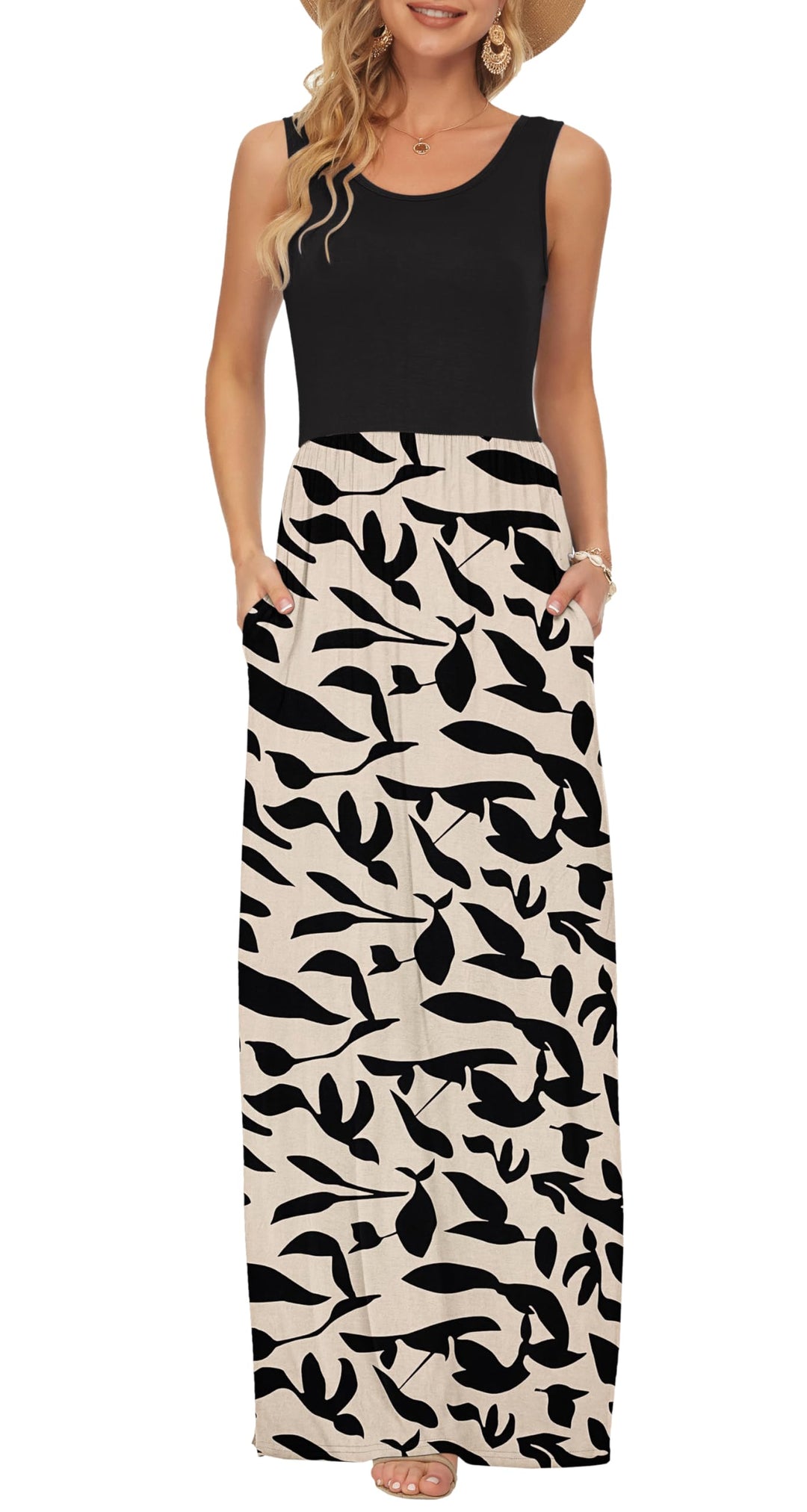 AUSELILY Damen Sommer Ärmelloses Lockeres Maxikleid Lässiges Langes Kleid mit Taschen Aprikose Schwa