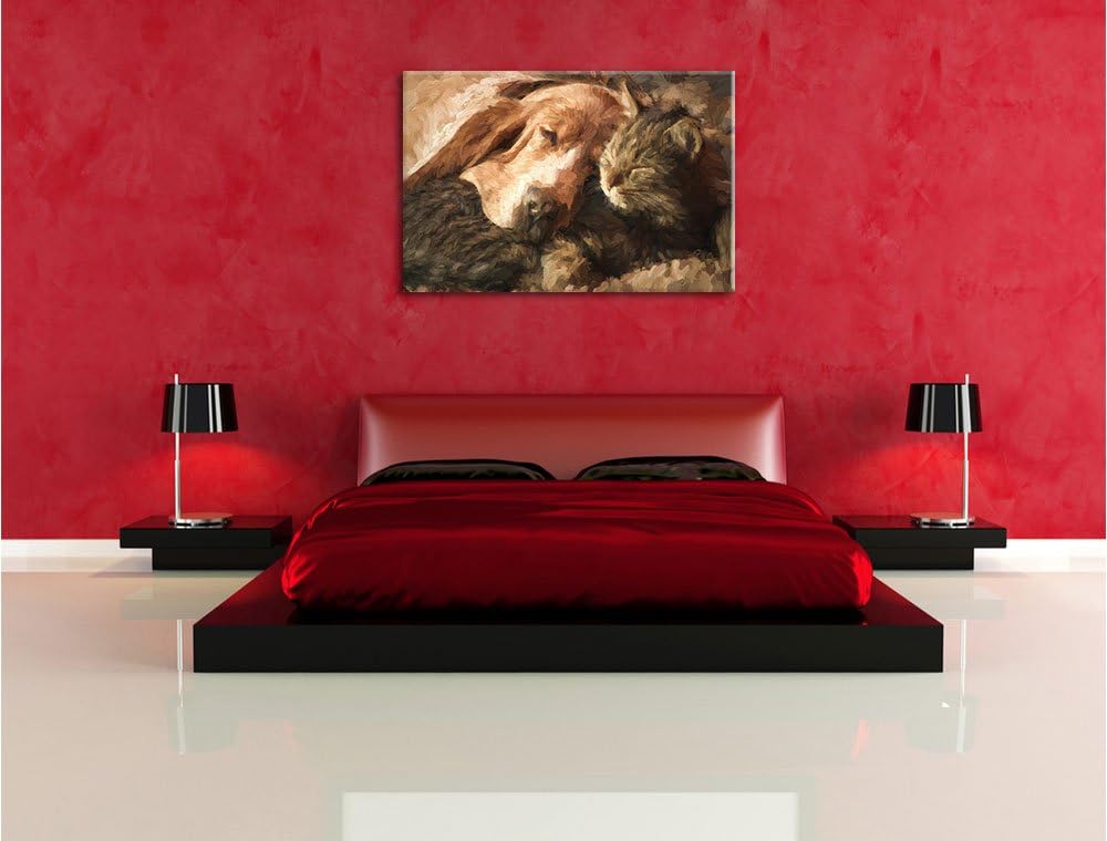 Pixxprint Katze und Hund kuschelnd Kunst als Leinwandbild | Grösse: 100x70 cm | Wandbild | Kunstdruc