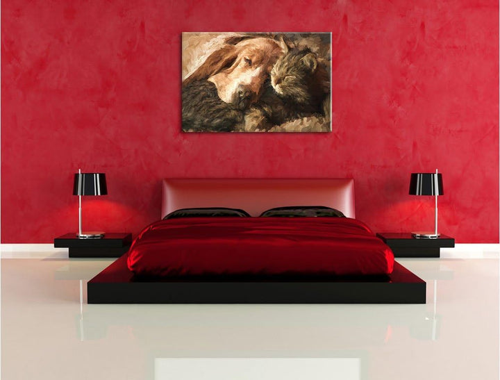 Pixxprint Katze und Hund kuschelnd Kunst als Leinwandbild | Grösse: 100x70 cm | Wandbild | Kunstdruc