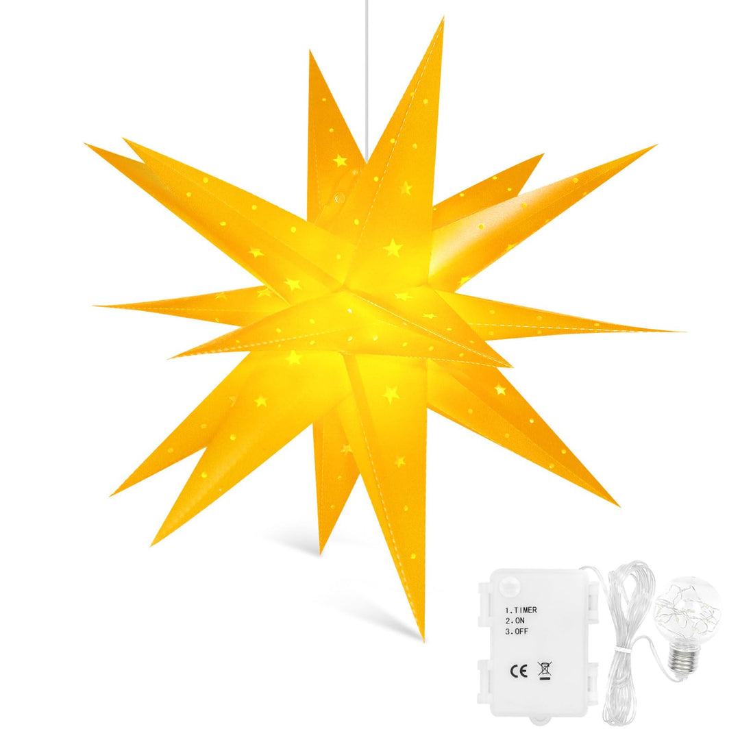 3D Weihnachtsstern Beleuchtet Fenster Batterie mit Timer - 45cm led Weihnachtsbaumspitze Stern, Leuc