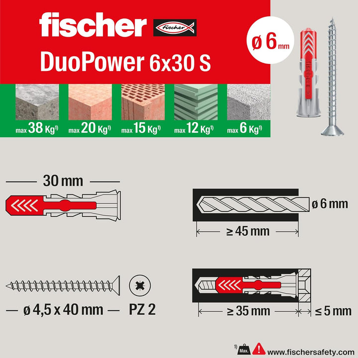 Fischer 100 DUOPOWER Dübel mit Schraube 6 x 30 mm für Vollwand Lochziegel Gipskarton 537646 grau/rot