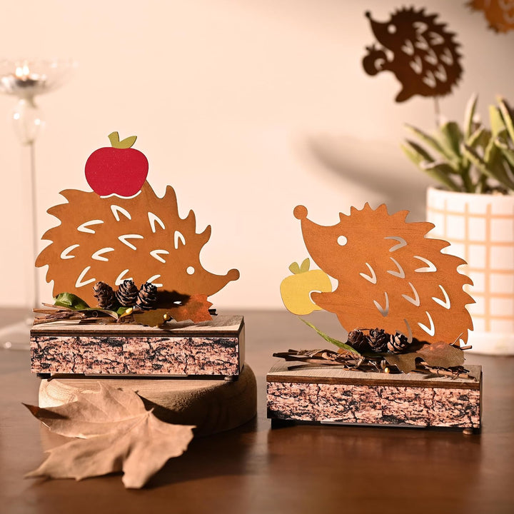 VALERY MADELYN 2er Rost Bunt Metall Igel Figuren für Herbstdeko Innen,mit LED,Sockel mit Holztextur,