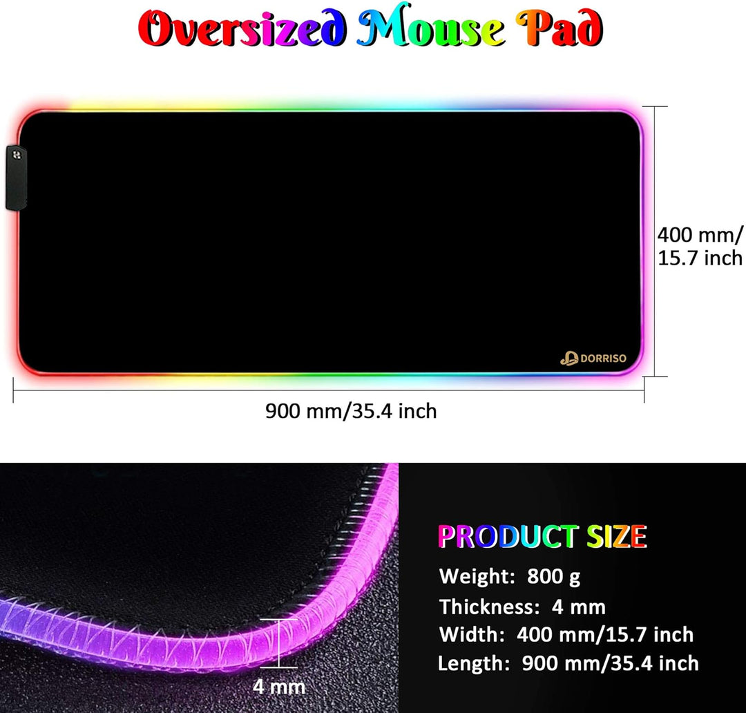DORRISO RGB Gaming Mauspad 900x400x4 mm XXL Grosse Mousepad Fransenfreie Ränder Wasserdicht Tischunt