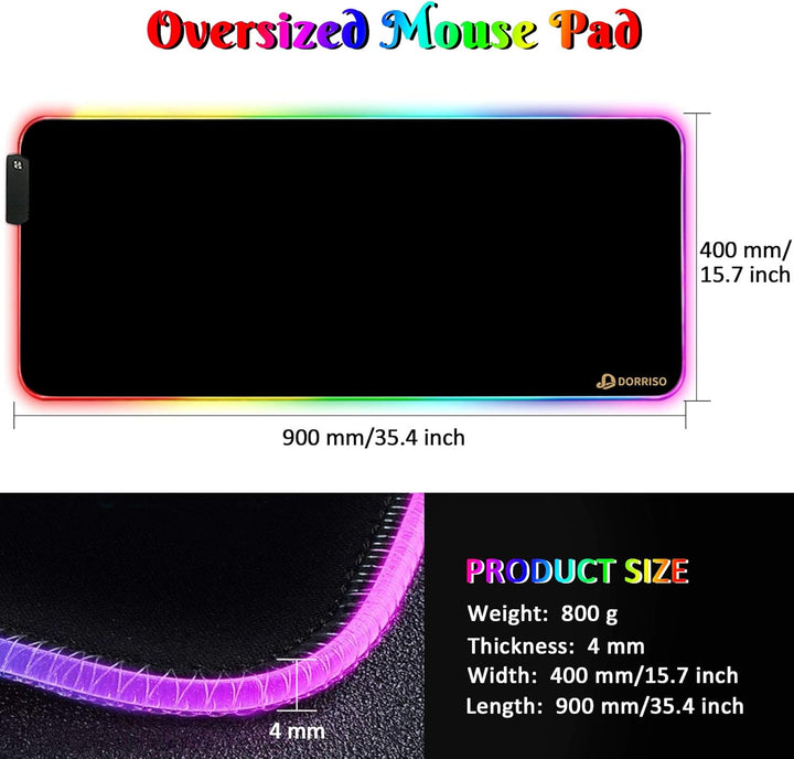 DORRISO RGB Gaming Mauspad 900x400x4 mm XXL Grosse Mousepad Fransenfreie Ränder Wasserdicht Tischunt