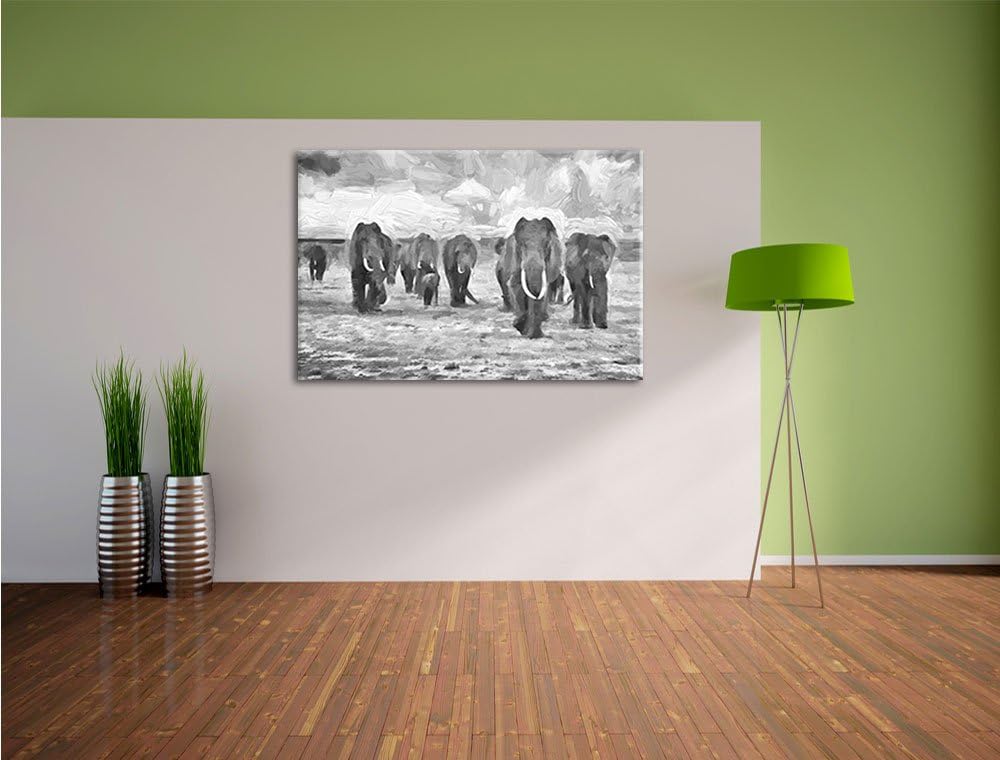 Pixxprint Elefanten Familie in der Savanne als Leinwandbild/Grösse: 100x70 cm/Wandbild/Kunstdruck/fe
