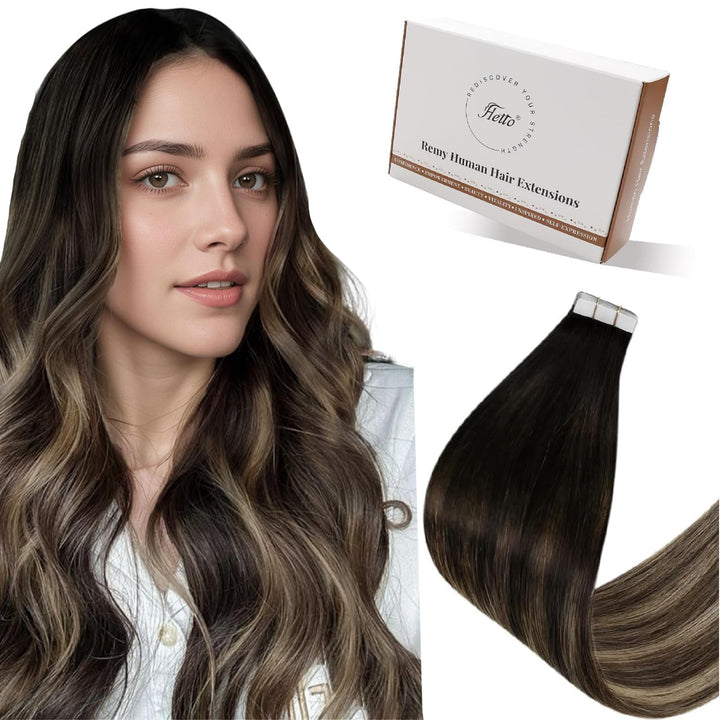 Hetto Tape in Extensions Echthaar Balayage Tape in Haarverlangerung Schwarz Ombre Braun Balayage Kar