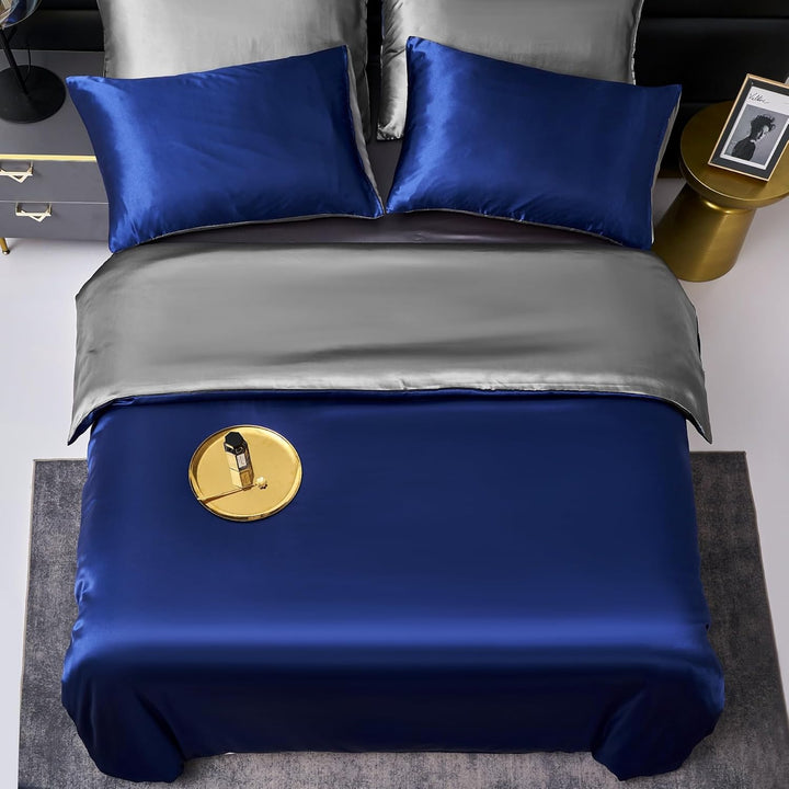 YASMENG Bettwäsche Satin 200x220 Blau Dunkelgrau Wendebettwäsche Modern Deluxe Elegant Bettbezug Set