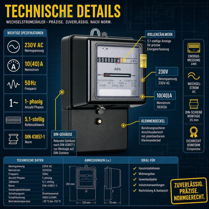 grenda-hammer® | Wechselstromzähler 230V 10(40) A geeicht für 16 Jahre und für Verrechnungszwecke zu